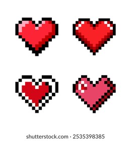 Pixel heart icon set in retro 8-bit style, perfect for vintage computer games and web buttons. Classic love symbol for nostalgic designs, game interfaces, and digital art. Vector illustration.