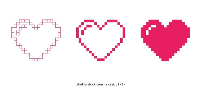 Icono de corazón de píxeles en estilo retro de 8 bits. Incluye contorno, accidente cerebrovascular y Formas cardíacas sólidas. Perfecto para el amor, la salud, la interfaz de usuario del juego, los iconos de App, las pegatinas y los diseños de San Valentín.