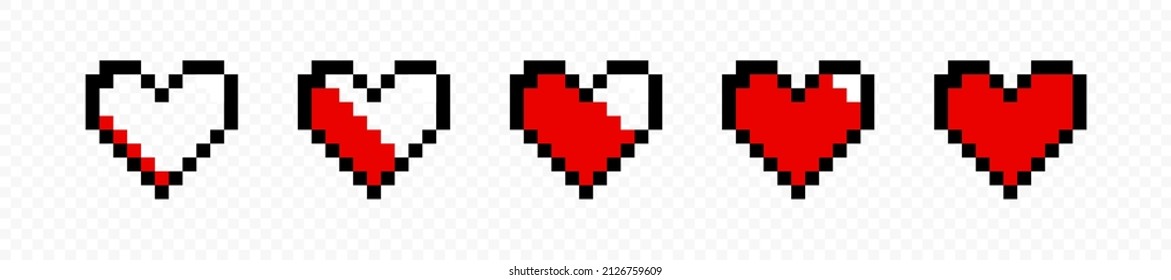 Pixel Heart Icon Set. Vector Art 8 Bit Health Heart Bar. Gaming Controller, Symbols Set. Pixel Art Heart. Video Game Interface. Pixel Game Life Bar.  Vector Graphic EPS 10