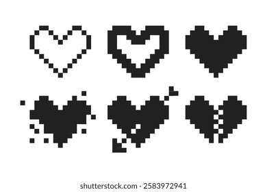 Pixel heart icon vector illustration. Game love signs set in retro 8 bit style.