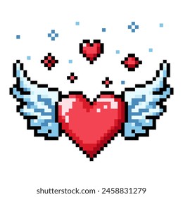 Pixel heart icon with wings. Arcade game icon. 8 bit sign. Abstract red heart.