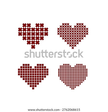 Pixel Heart Icons Set Cross Stitch Love Symbols Collection Isolated on White Background