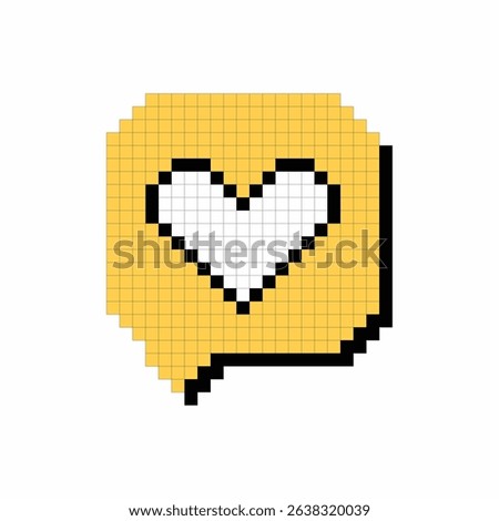 Pixel heart inside a yellow chat bubble — a minimalist 8-bit retro love icon. Perfect for stickers, games, social media, and digital design.