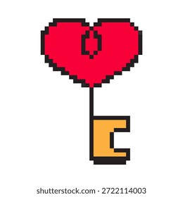 Ícone da tecla do coração de pixel para o Dia dos Namorados. Bonito símbolo de amor de 8 bits para desbloquear romance. Perfeito para jogos, aplicativos, adesivos, cartões e postagens de feriado de mídia social.
