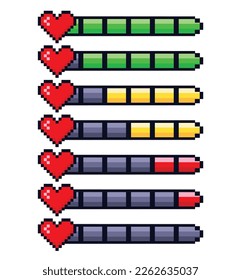 Pixel heart life bar set vector illustration. Heart in 8 bit style. Pixel game icon.