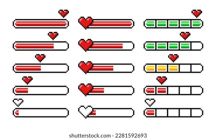 Pixel heart loading bars, 8 bit video game arcade assets and life status, vector props icons. Pixel heart loading progress bar with yellow half, green full and red empty load of life or energy meter