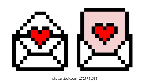 Ícone de envelope de correio de coração de pixel em estilo de arte de videogame de 8 bits criando conceito de mensagem de amor digital para ilustração de vetor gráfico de jogo de arcade e fundo retro doce