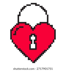 Icono de candado de corazón de píxel para el Día de San Valentín. Lindo símbolo de candado de amor de 8 bits para un romance seguro. Perfecto para juegos, App, pegatinas, tarjetas y publicaciones de vacaciones en redes sociales.
