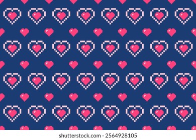 Pixel Heart Pattern with Blue Background - Retro Style, Pink Love Theme, Valentine's Day Design for Crafts, Graphics, and Mosaic Embroidery Work