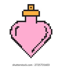 Pixel heart perfume bottle icon for Valentine’s Day. Cute 8-bit love fragrance symbol for romance, dating, beauty, wedding gift, greeting card, app, game, and Valentine design projects.
