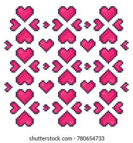 Pixel heart. Pink hearts vector pixel art background