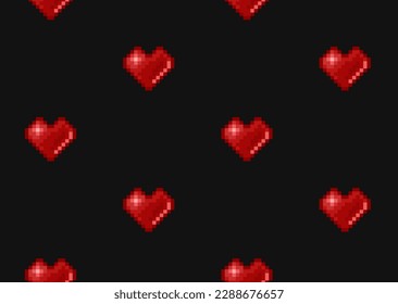 Pixel heart seamless pattern. Retro video game romantic background. 8-bit style vector illustration.