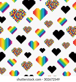 Pixel heart seamless pattern. Romantic background. Vector illustration