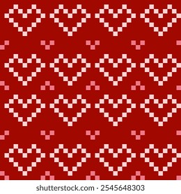 Pixel heart seamless pattern vector. Cute red hearts. Symbol of love, Valentine's day. Game theme. Simple design for fabric, wrapping, paper, print, sticker, card, kid cloth, baby dress, cover, decor.