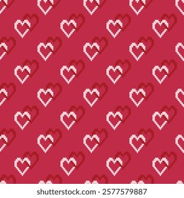 Pixel heart seamless pattern vector. Cute red hearts. Symbol of love, Valentines day. Game theme. Simple design for fabric, wrapping, paper, print.