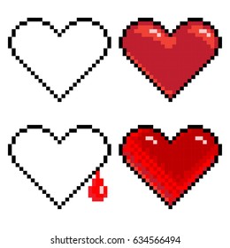 Pixel heart set. Glossy, flat, contour, blood drop. Vector template.