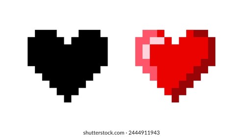 Pixel heart. Set of pixel hearts. Pixel game life bar. 8 bit hearts