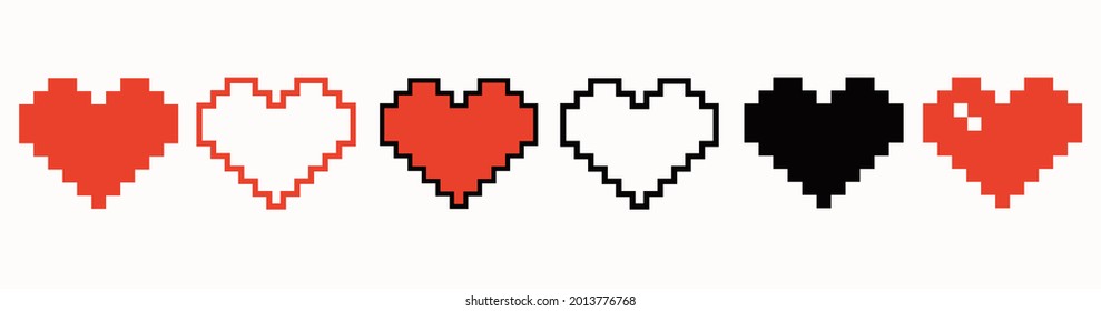 Pixel heart set icon in retro style. Love symbol isolated signs. Vector illustration.