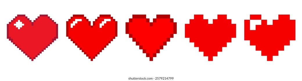Pixel heart set icon in retro style. Vintage love symbol, 8 bit vector illustration. Web button