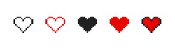 Pixel Heart Set Ison In Retro Style. Vintage Love Symbol, 8 Bit Vector Illustration For Computer Game. Web Button