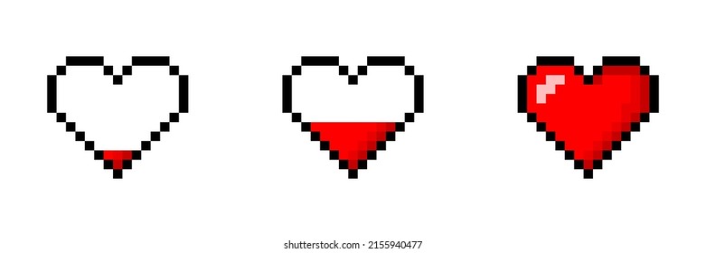 Pixel heart set. Love and video game concept. Pixel game life bar. Vector art 8 bit health heart bar. Gaming controller, symbols set.