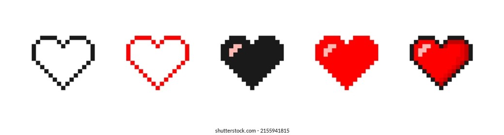 Pixel heart set. Love and video game concept. Pixel game life bar. Vector art 8 bit health heart bar. Gaming controller, symbols set.