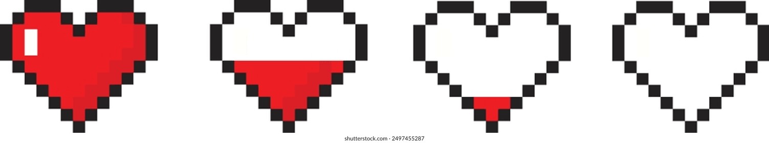 Pixel-Herzgruppe. Liebe und Videospiel-Konzept. Pixel-Spiel-Life-Bar. Vectorart 8 Bit Gesundheit Herzbar. Gaming-Controller, Symbole gesetzt. Stockgrafik