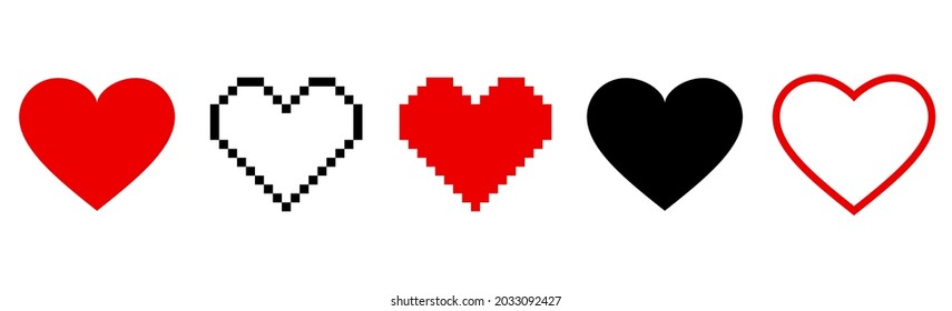 Pixel heart iсon set in retro style. Vintage love symbol, 8 bit vector illustration for computer game. Web button