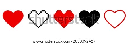 Pixel heart iсon set in retro style. Vintage love symbol, 8 bit vector illustration for computer game. Web button