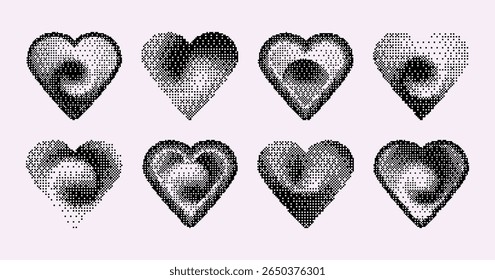 Pixel heart set in y2k style - black dotted patterns with halftone gradients for retro computer graphics aesthetic. Nostalgic 8 bit romance symbols with shading effects for valentine designs.