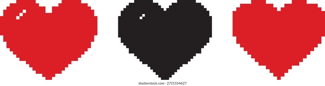 Formas de corazón de píxel en rojo y negro, diferentes corazones rojos en Vector de estilo de arte de píxeles, ícono de píxeles