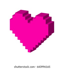 Pixel heart symbol. Flat Isometric Icon or Logo. 3D Style Pictogram for Web Design, UI, Mobile App, Infographic. Vector Illustration on white background.