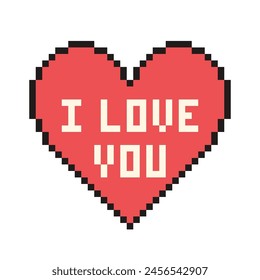 Pixel heart with text I love you in retro style. Vintage love symbol, 8 bit vector illustration for computer game.