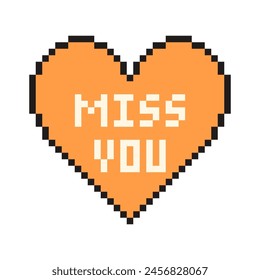 Pixel corazón con texto Te extraño en estilo retro. Antiguas love symbol, Ilustración vectorial de 8 bits para juegos de ordenador.