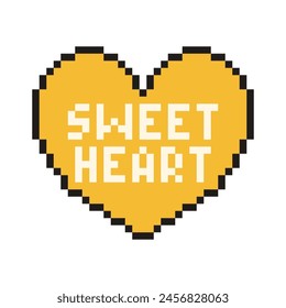 Pixel heart with text Sweetheart in retro style. Vintage love symbol, 8 bit vector illustration for computer game.