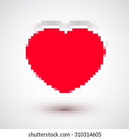 Pixel heart vector. Red pixel heart 3D effect on white background.