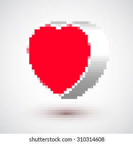 Pixel heart vector. Red pixel heart 3D effect on white background.