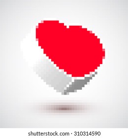 Pixel heart vector. Red pixel heart on white background.