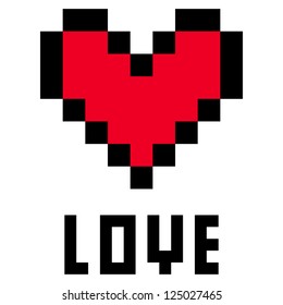 Pixel Heart - Vector pixel heart with the word "love" underneath.  EPS 10 file with global color swatches.