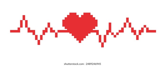 Pixel heartbeat icon. Vector pixel art heart beat 8 bit logo for game. Pixel icon, vector illustration isolated on white background.