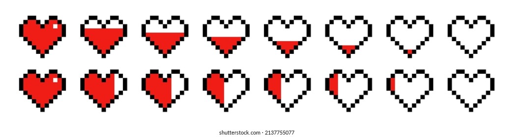 Los pixel corazones 8 bits iconos para el juego. Amor 8 bits fondo retro. Vida, salud en estilo digital arcade para el jugador, ilustración. Diseño de formas rojas gráficas. Señales de energía, concepto, interfaz. EPS10 vectores.