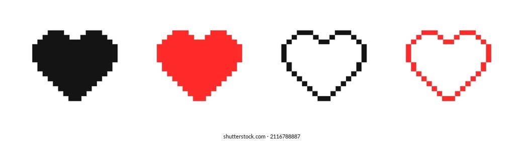 Pixel hearts. 8-bit hearts. Set of heart in video game style. Retro style. For valentine's day or wedding