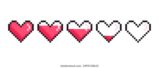 Pixel hearts game life bar. Game progress bars, life level, 8-bit indicators of health, life level charts measurement. Vector art 8 bit health heart bar.