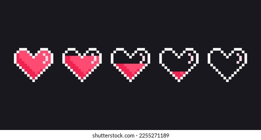 Corazones de píxeles, nivel de vida de píxel, barras de progreso del juego. Indicadores de salud de 8 bits, medición de gráficos de nivel de vida.