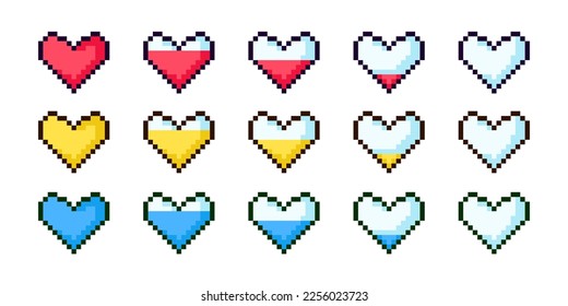 Pixel hearts, pixel life level, game progress bars. 8-bit indicators of health, life level charts measurement.