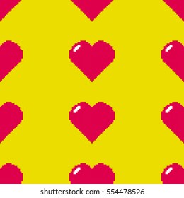 Pixel hearts on yellow background seamless pattern