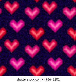 Pixel hearts pattern. Cartoon pixels heart background. Trendy old game style. Pixels love texture. Old-fashion arcade theme. Romantic vector for web design and printed products.