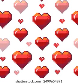 Patrón de corazones de píxeles. Impresión inconsútil de los símbolos cuadrados retro del día de San Valentín de 8 pedazos, fondo geométrico mínimo del amor para el Fondo de pantalla de la tela. Vector lindo romántico tarjeta de invitación de boda textura sin fin.