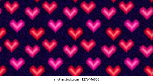 Pixel hearts pattern. Valentines Day. Trendy old game style. Love. Old-fashion arcade theme. Romantic. Wedding. Passion. Amour.