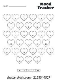 Pixel hearts. Printable mood tracker for a month. Monochrome blank page template with numbers for each day.